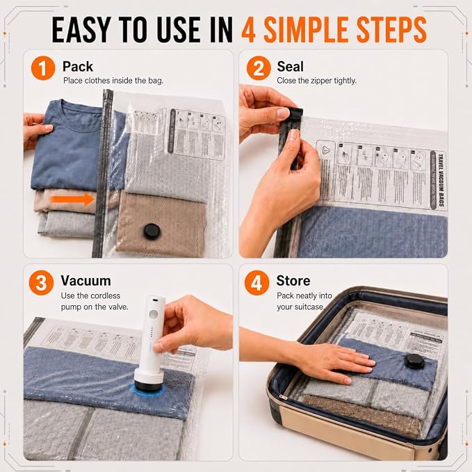 15 Pack Vacuum Storage Bags with Cordless Rechargeable Vacuum Pump, Travel Essentials Vacuum Seal Bags for Clothing, Compression Packing Cubes, Cordless Travel Vacuum Bag Set - Image 8