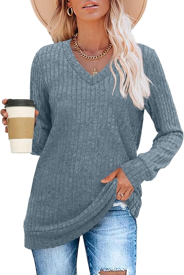 Sampeel V Neck Long Sleeve Shirts for Women Casual Fall Tops Lightweight Tunic Sweaters Fashion Clothes Loose Fit 2025