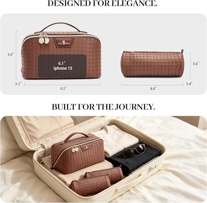 Travel Makeup Bag for Women: Designer 3 Pcs Set Cosmetic Bags for Women - Large Capacity Vagen Leather Hand-made for Toiletry Organizer - Ladies Travel Flat Open Essentials for Luxury (07Brown) - Image 7