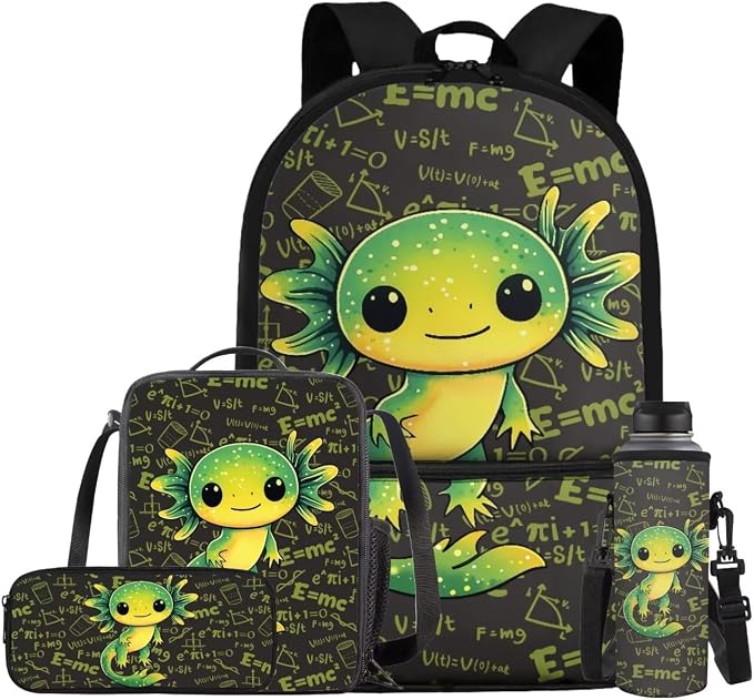 Cute Axolotl Backpack for Girls Boys Backpack with Lunch Box Water Bottle Carrier and Big Pencil Case 4 PCS Set Bookbag with Front Pocket for School 17" Sturdy Elementary School Bag for Kids by ELEDIZI