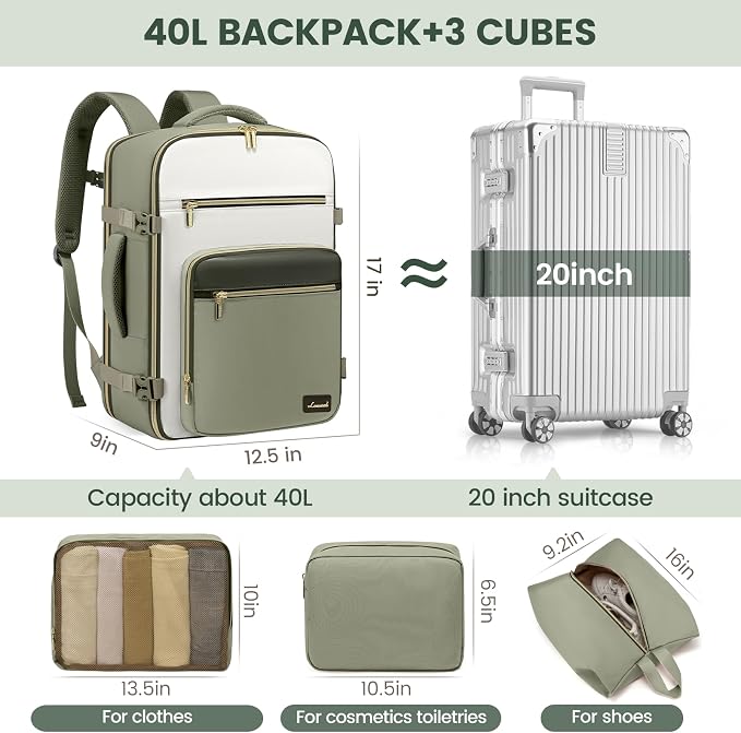 LOVEVOOK Travel Backpack For Women,40L Carry On Backpack Flight Approved,TSA Personal Item Travel Bag Fits 17 Inch Laptop,Weekender Overnight Daypack with Toiletry Bag and Cube,White Light-brown - Image 5