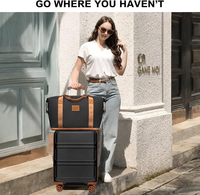 Kono Luggage Set 4 Piece Carry On Hardside Luggage with Spinner Wheels | Lightweight PC+ABS Carry On Suitcase with TSA Lock Apricot Black - Image 8