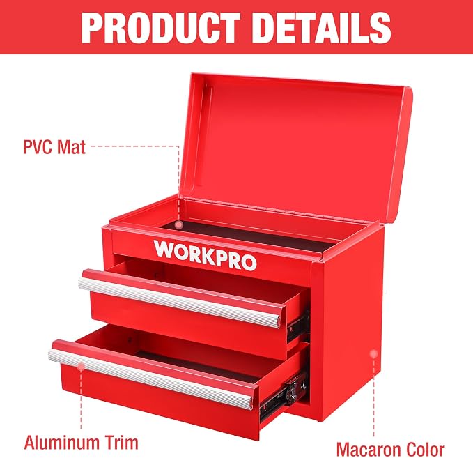 WORKPRO Metal Mini Tool Box with 2 Drawers and Top Storage | Cold Rolled Steel Toolbox, Ball Bearing Slides, PVC Drawer Liners, PP Feet Pads, Durable Storage - Image 3