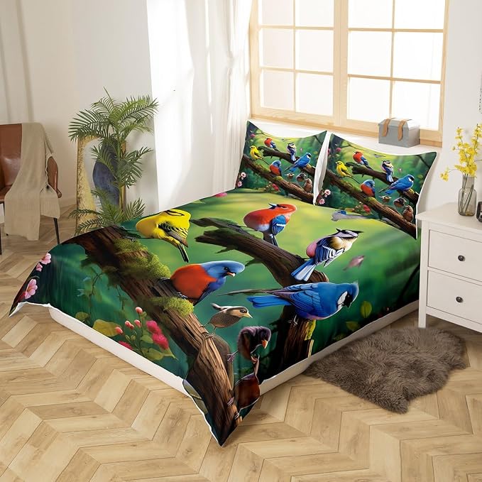 Hummingbird Duvet Cover Kids Cute Bird Comforter Cover King for Adult Women Girls Cardinal Bird Bedding Sets, Rustic Style Duvet Cover Colorful Flowers Decorative Bedding Collections - Image 3