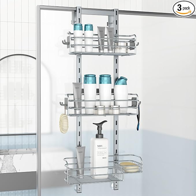 Nieifi Over The Door Shower Caddy, Adjustable Hanging Shower Organizer | Adjustable hanging baskets, 4 hooks, large capacity, rustproof steel, pantry organizer, drill free, for bathroom, silver by Nieifi