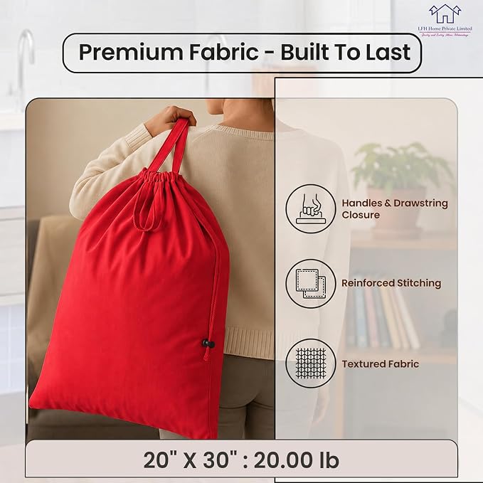 LFH Home Cotton Rich Large Premium Canvas Laundry Bag, Heavy Duty Washable Laundry Hamper with Drawstring & Handles, Multi-Use Clothes Storage for Home, Travel & College, 20"x30" (Pack of 6) - Red - Image 3
