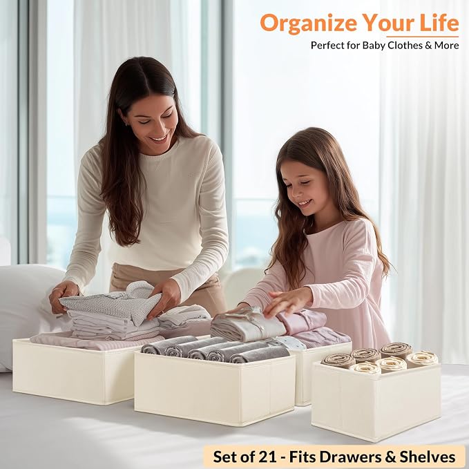 FANS-ONE Natural Linen Drawer Organizer Clothes - 21 Pack 3 Size, Beige | Foldable, Dresser Organizer for Baby Clothes, Underwear, Socks, Storage Bins for Nursery, Bedroom - Image 8