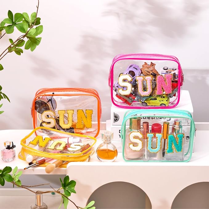 Kacctyen 12 Pcs Sun Clear Makeup Bags Bulk Sunscreen Pouch for Beach Pool Waterproof Toiletry Cosmetic Zipper Organizer with Preppy Chenille Letter Patch Women Girls Summer Vacation Gifts Essentials - Image 4