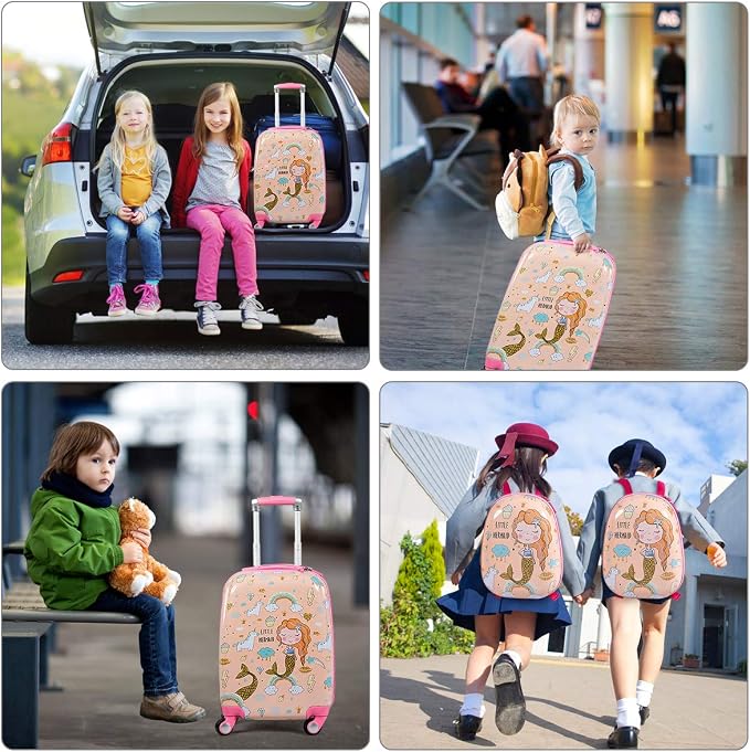 HONEY JOY Kids Luggage, 12" Toddler Backpack & 18" Travel Suitcase with Wheels, Lightweight Toddler Girls Suitcase, Durable ABS Hardshell, 2Pcs Carry On Luggage Set for Boys Girls, Pink Mermaid - Image 7
