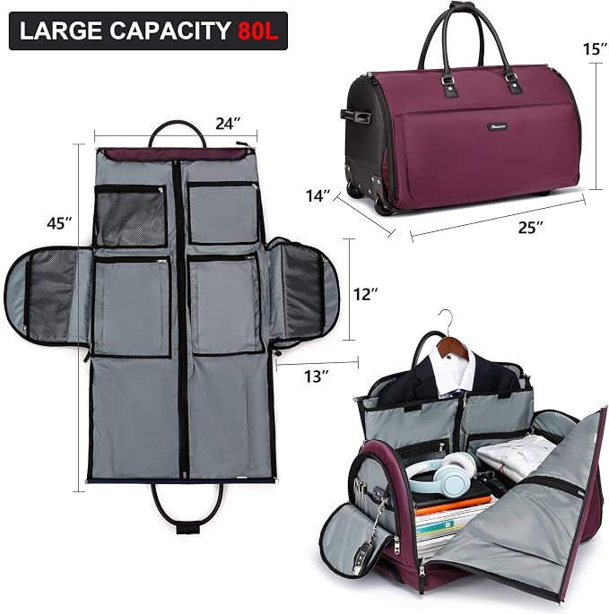Modoker Rolling Garment Bags, 25in Large Garment Duffle Bag with Wheels, 3 in 1 Garment Suit Luggage Bag, Not Standard Carry-On Size for Women Men Business Travel Weekender, Red - Image 2