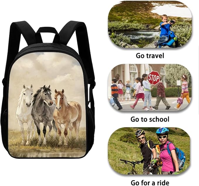 Horse Print Lightweight Backpack Set with Shoulder Lunch Bag, Pen Bag, Elementary School Students Daypack, Middle School Students Knapsack Set for Kids - Image 3