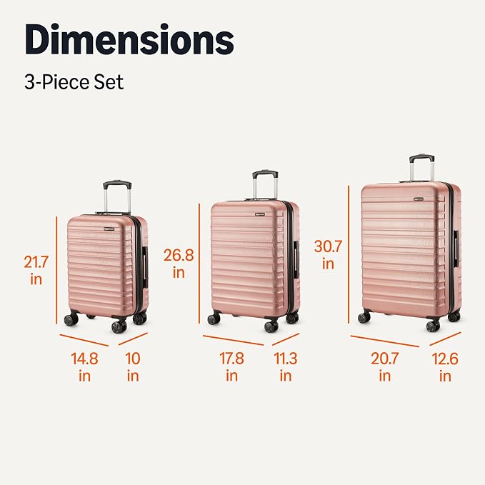 Amazon Basics 3-Piece Hardshell Suitcases Set (21", 26", 30"), Expandable For Up to 25% More Space, With Scratch-Resistant Finish, Four Multi-Directional Wheels, Rose Gold - Image 6