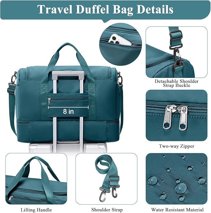 Travel Duffel Bag,Carry-On Overnight Weekender Bags with Shoes Compartment | Travel Bag with Wet Pocket & Luggage Sleeve, For Spirit Airlines 18x14x8 Personal Item Bag,Small,Peacock Blue - Image 7
