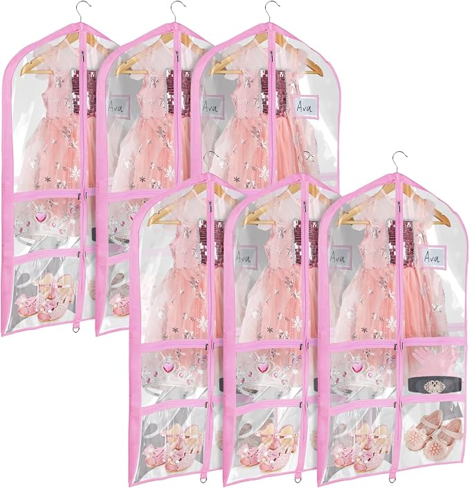 Univivi Clear Pink PVC Dance Costume Bags Garment Bag 40 Inch for Dance Competitions, with 4 Medium Clear Zipper Pockets and 1 Large Back Zippered Pocket [Upgraded Version] (40'' x 24'' 6 Pack) by Univivi