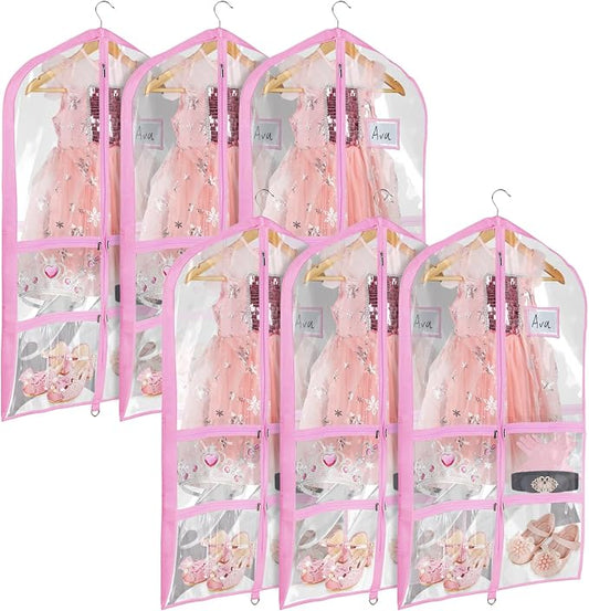 Univivi Clear Pink PVC Dance Costume Bags Garment Bag 40 Inch for Dance Competitions, with 4 Medium Clear Zipper Pockets and 1 Large Back Zippered Pocket [Upgraded Version] (40'' x 24'' 6 Pack) by Univivi
