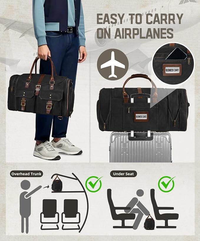 ARCFOX Vintage Waxed Canvas Duffle Bag for Men, Expandable to 45L Waterproof Weekender Overnight Travel Bag with Shoe Compartment, Adjustable Shoulder Strap, Carry On Duffel Bags for Airplanes, Black - Image 5