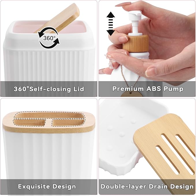34PCS Bathroom Accessories Set with Shower Curtain,Rugs,Bath Towel,Trash Can,3PCS Lotion Soap Dispenser, Toothbrush Holder, Soap Dish,Tumbler Cup,6PCS Wood Tags Bath Accessories with Tray for Bathroom - Image 5