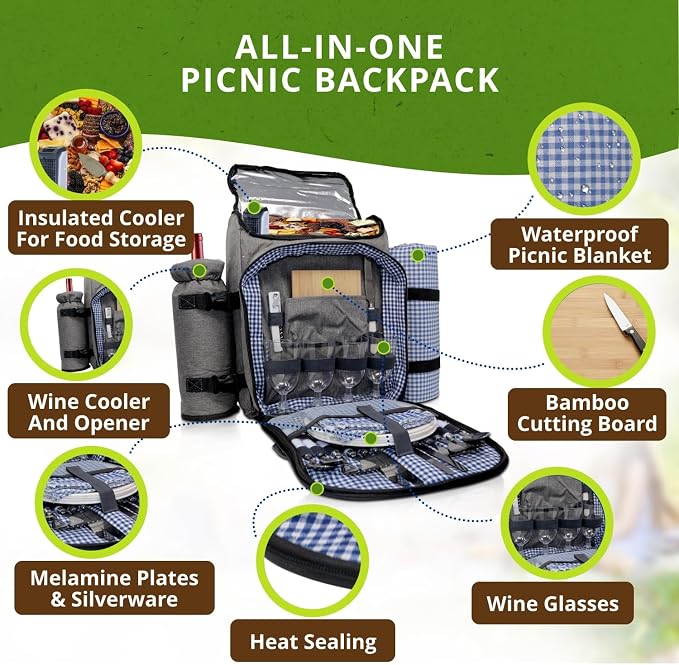 Nature Gear Picnic Backpack for 4, Insulated Picnic Set with Dinnerware, Wine Cooler, Blanket & Cutlery Service, Waterproof Outdoor Bag for Beach, Camping, Travel & Park, Blue - Image 4