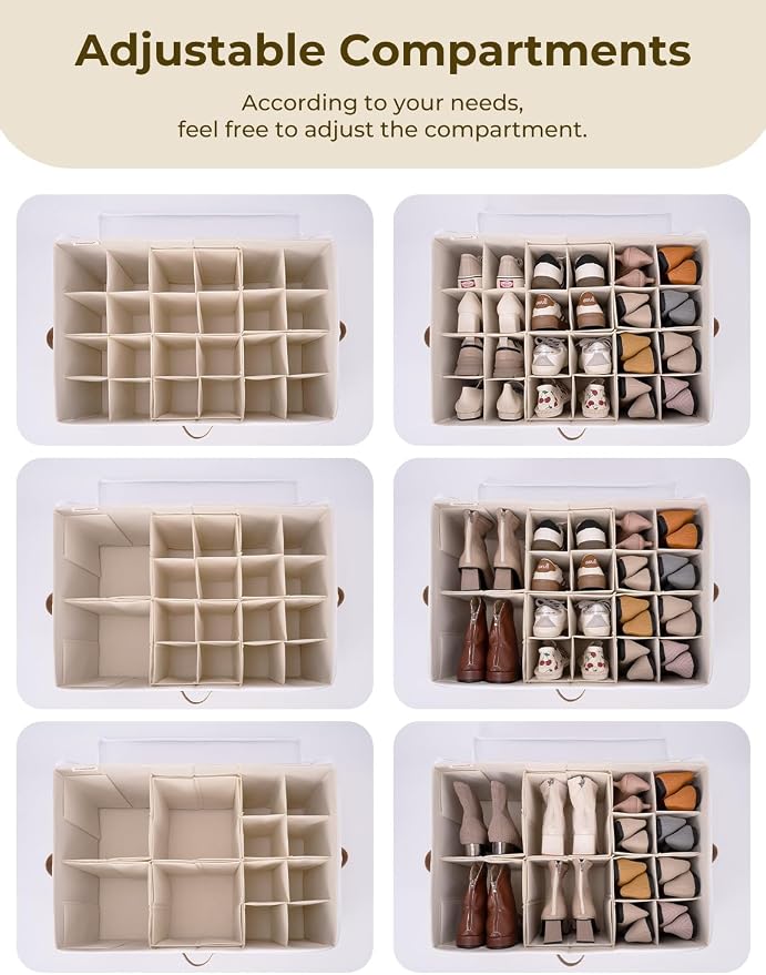 StorageWorks Shoe Organizer for Closet, Fits up to 24 Pairs, Shoe Cubby Storage Containers with Adjustable Dividers and Clear Cover, Brown & White - Image 3