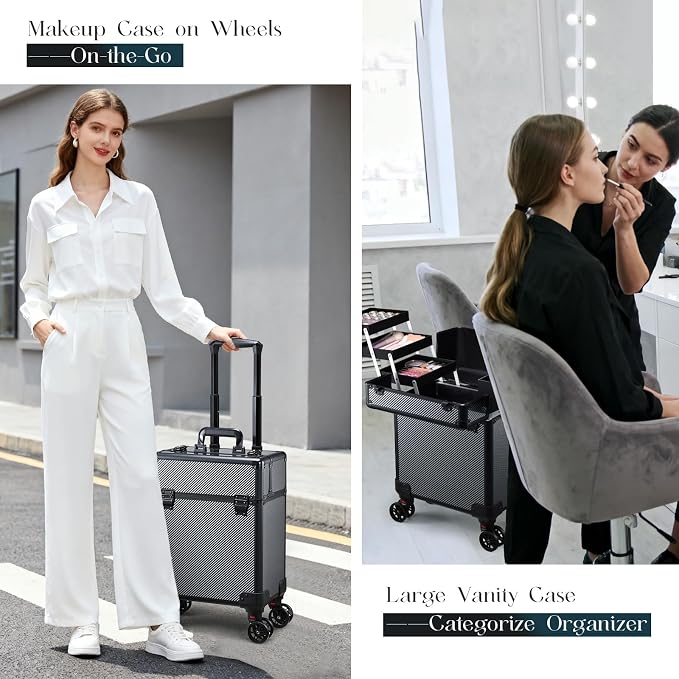 Rolling Makeup Case, Cosmetology Case on Wheels Professional Vanity Case with Trays for Women Large Travel Makeup Box Organizer Trolley with Key, Ashy Grey - Image 8
