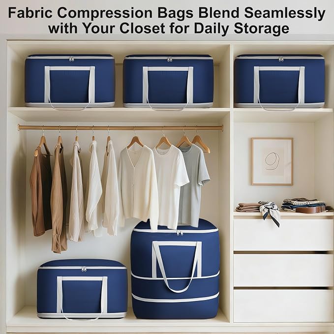 Comforter Storage Bag - 120L Bedding Storage Bags for Moving Closet, Washable Blanket Storage Bag, Ultra Space Saving Self Compression Organizer, 4-Pack, Navy Blue - Image 3