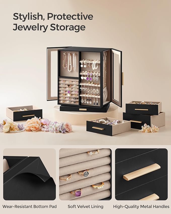 SONGMICS GISELLA Collection - Jewelry Box Organizer 360° Rotating, Vertical Jewelry Storage Case with 5 Drawers, Glass Window, Spacious, Open Design, Great Gift, Ink Black UJBC170B01 - Image 5