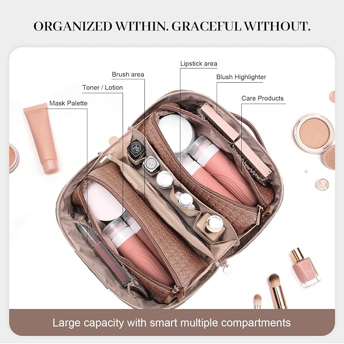 Travel Makeup Bag for Women: Designer 3 Pcs Set Cosmetic Bags for Women - Large Capacity Vagen Leather Hand-made for Toiletry Organizer - Ladies Travel Flat Open Essentials for Luxury (10Brown) - Image 6