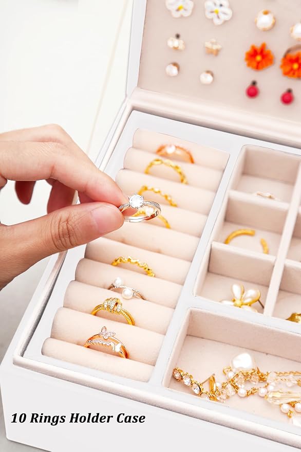 QBestry Jewelry Box for Women Girls, 105 Holes Stud Earring Organizer Storage Case with Removable Dividers, 2-Layer White Leather Jewelry Organizer for Earrings Rings Necklaces Bracelet, Gift for Teen - Image 7