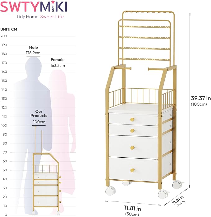SWTYMIKI Gold Jewelry Organizer Stand - Multifunctional Rack Tower for Necklace, Earring, Ring & Bracelet Display - Moveable Storage Jewelry Holder Stand with 4 Nonwoven Drawers for Bedroom Gold - Image 5