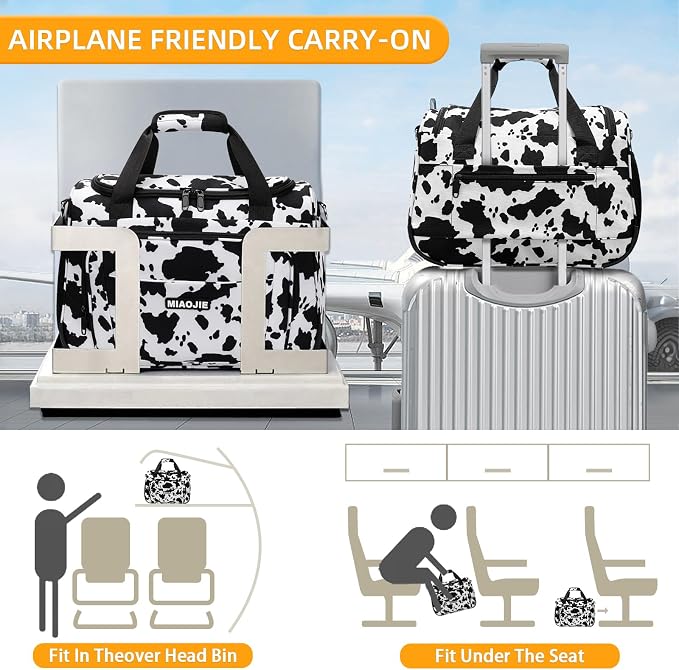 Underseat Carry On Luggage Lightweight Travel Tote Weekender Bag Overnight Duffle Bag for Travel, Travel Essentials Personal Item Travel Bag for Women and Men, Cow Pattern-16Inch - Image 3