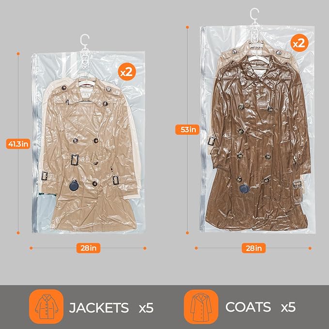 Vacbird Hanging Vacuum Storage Bags for Clothing 4 Pack Hanging Vacuum Seal Bags for Clothing Suit Bags Closet Storage, Hanging Plastic Clothes Cover for Coat, Dress, Fur, Shirt - Image 2