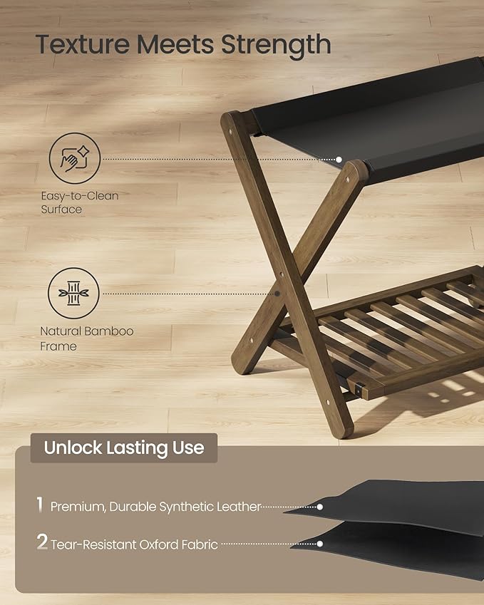 SONGMICS Bamboo Luggage Rack, Foldable Suitcase Stand, Luggage Holder with Storage Shelf, Synthetic Leather, Fully Assembled, Wipe-Clean, for Guest Room, Hotel, Bedroom, Walnut Brown URLR030KZ01 - Image 5
