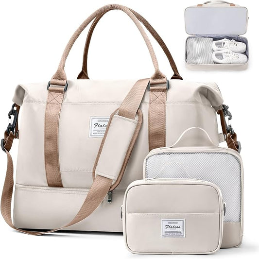 Weekender Bags for Women, Travel Duffel Bags with Shoe Compartment & Wet Pocket,Travel Bag for Airlines,Carry on Overnight Tote Bag for women with Toiletry Bag,3Pcs Set，Beige & Brown by SUNMOP