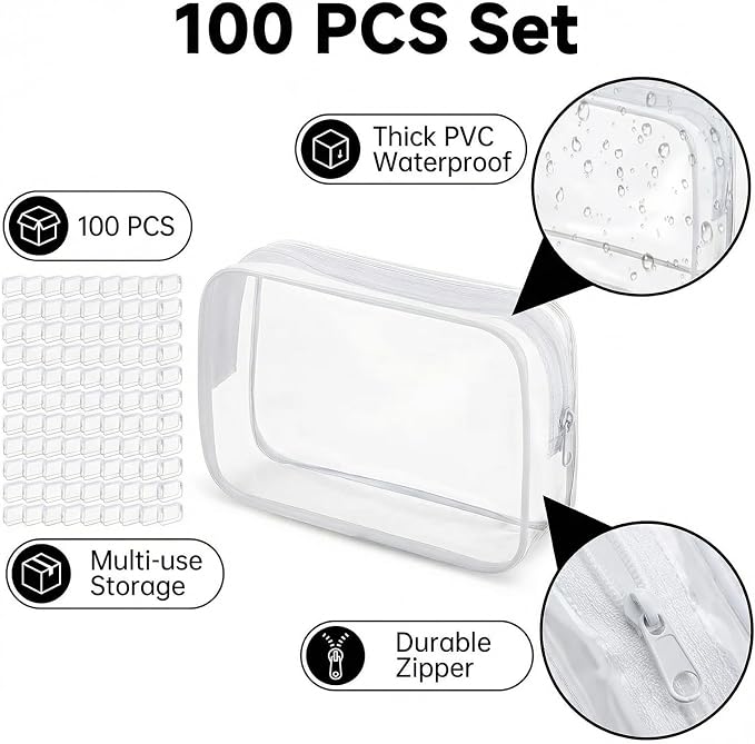 100 Pcs Clear Makeup Bags Bulk Graduation/Dad Gifts Bag Tsa Approved Toiletry Bag for Travel Transparent Cosmetic Bag Waterproof Travel Small Pouches with Zipper for Men and Women (White) - Image 2