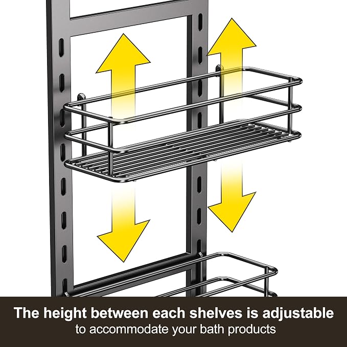 Orimade 4 Tier Adjustable Anti-slip Shower Caddy over Shower Head,Rustproof Bathroom Hanging shower Organizer with 4 Hooks for Razor,No Drilling Shower shelves Storage Rack,Grey - Image 4