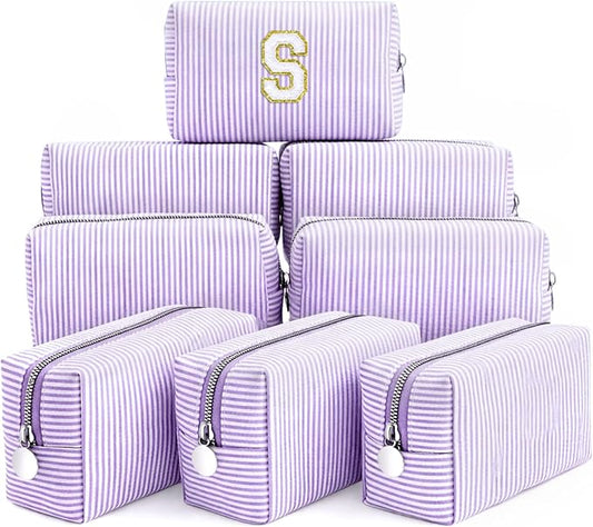 Giesiery 8 Pcs Seersucker Makeup Bags Striped Cosmetic Bags Bulk Organizer for Women Preppy Travel Toiletry Pouch for Wedding Bridesmaid Gifts (Purple, Medium) by Giesiery
