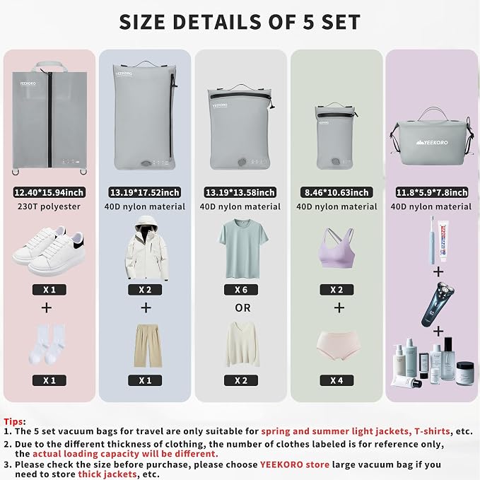 5 Set Vacuum Bags for Travel, Professional IPX8 Reusable Organizer, Compression Packing cube for Suitcases, Durable Seal Space Saver Bags -Traveling Essentials (Grey with Pump) - Image 2