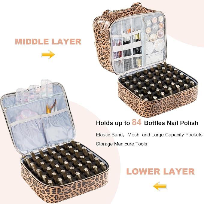 Uross Nail Polish Organizer Bag - Holds 84 Bottles & Lamp, Large Gel Storage Box for Tech Supplies Kit Case - Leopard - Image 2