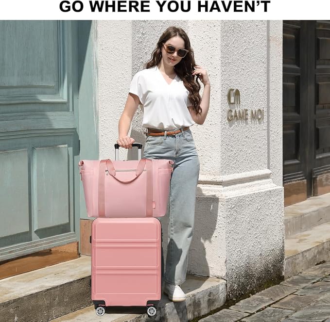 Kono Suitcase Set 2 Piece Carry On with Tote Bag | Lightweight PC+ABS Hardside Luggage with TSA Lock Spinner Wheels Nude/Rose Pink - Image 6