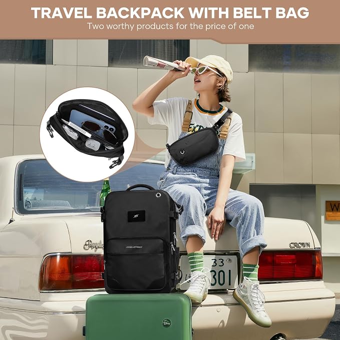 Maelstrom Travel Backpack for Men Women, 35L Carry on Backpack for Traveling on Airplane,with Belt Bag&Shoe Compartment,Waterproof Laptop Backpack fit 17”Laptop-Pure Black,Large - Image 2
