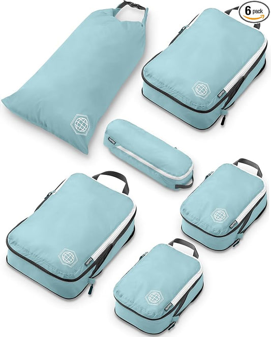 Compression Packing Cubes for Travel, 6-Piece Lightweight Packing Cubes Set for Carry-On Luggage & Backpacks – TRIPPED Travel Gear (Dusty Teal/White) by TRIPPEDTravelGear