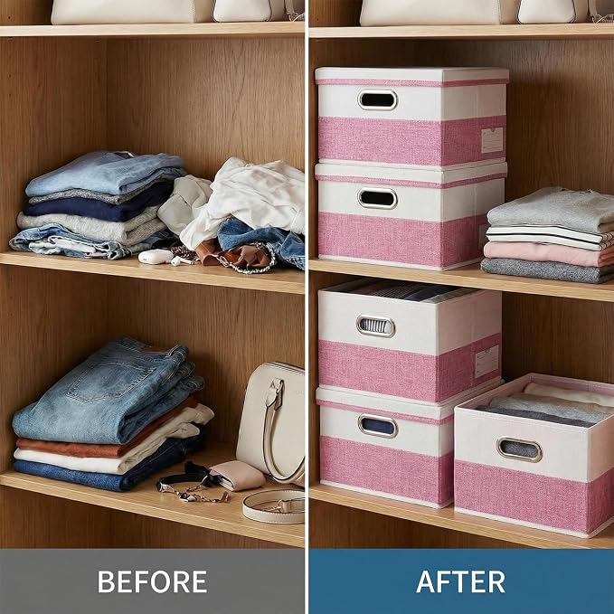 PRANDOM Storage Bins with Lids [3-Pack] Linen Fabric Foldable Storage Boxes Organizer Containers Baskets Cube with Cover for Bedroom Closet Office Pink&White（11.4X8.6X6.7 - Image 6