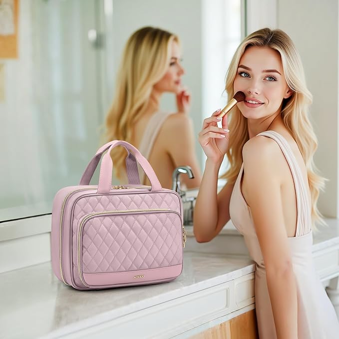 MDODO Travel Toiletry Bag for Women Hanging Cosmetic Organizer with Brush Compartment Makeup Bag for Full Sized Travel Essentials, Pinkish Purple - Image 9