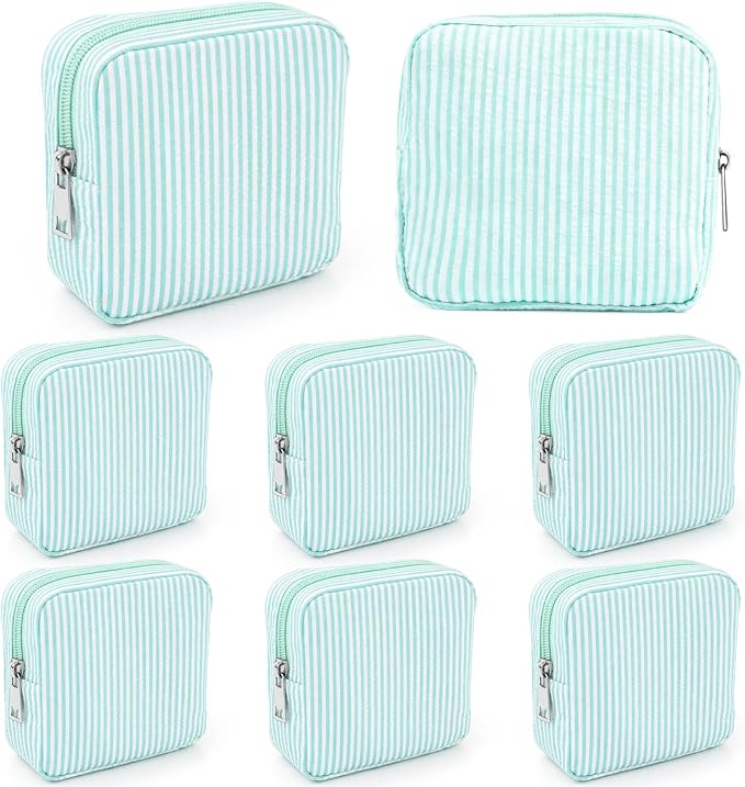 Giesiery 8 Pcs Seersucker Makeup Bags Striped Cosmetic Bags Bulk Organizer for Women Preppy Travel Toiletry Pouch for Wedding Bridesmaid Gifts (Lakeblue, Mini) by Giesiery