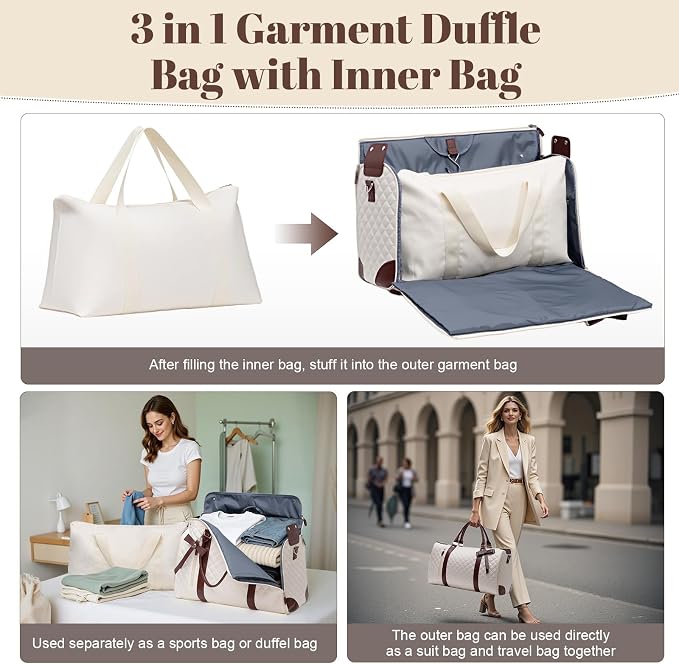 GARPROVM Garment Bags for Travel Women, 3 in 1 Convertible Garment Duffle Bags with Separated Tote Bag, Waterproof Suit Bag Travel Carry On Luggage Weekender Bag for Business Trip, Beige - Image 4