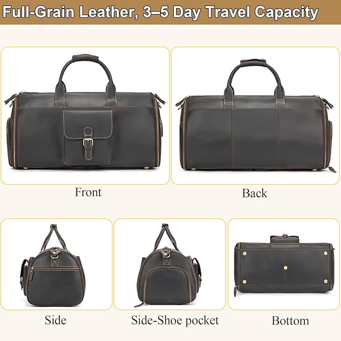 Full Grain Genuine Leather Garment Bag for Men 2 in 1 Convertible Suit Travel Duffel Bag Weekender Overnight Bag with Shoe Compartment Business Carry On Luggage, Dark Brown - Image 7