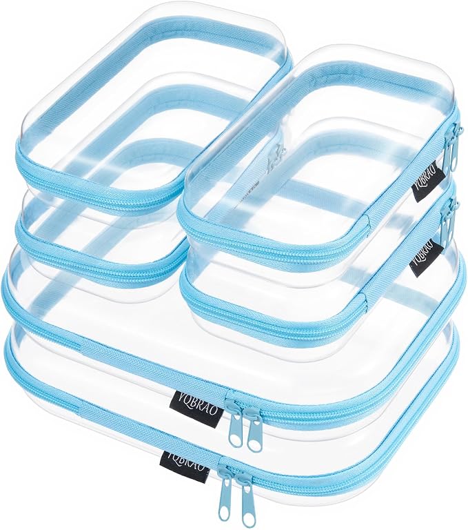 6 Pack Blue Clear Hard Shell Beauty Organizer (2M+4S), 1.2mm Heavy Duty Crush-Proof Cosmetic Case, Reinforced YKK Zippers, Stadium Approved Security Bag for Skincare & Electronics, Multi-Size Set by Unknown