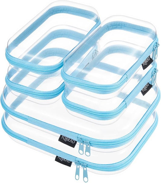 6 Pack Blue Clear Hard Shell Beauty Organizer (2M+4S), 1.2mm Heavy Duty Crush-Proof Cosmetic Case, Reinforced YKK Zippers, Stadium Approved Security Bag for Skincare & Electronics, Multi-Size Set by Unknown