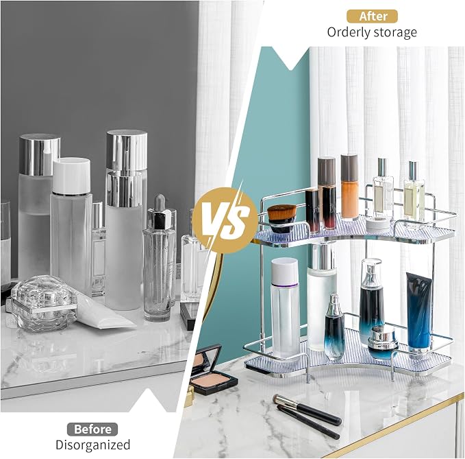 Seoneiro 2 Tier Corner Bathroom Counter Organizer, Cosmetic Skincare Organizer, Bathroom Countertop Perfume Tray Vanity Organizer, Kitchen Spice Corner Storage Shelf - Image 3