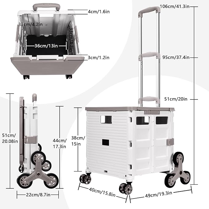 Foldable Utility Cart Portable Crate Rolling Dolly with Telescopic Handle,Can be Pulled diagonally, Magnetic Retractable Lid, 360°Swivel Climbing Wheels for Shopping Carrying Groceries Move White - Image 9